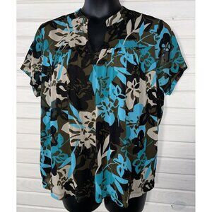 NWT LIZ CLAIBORNE Sz PLUS 2X Olive Green Turquoise Mesh Lined Tunic Blouse S/S